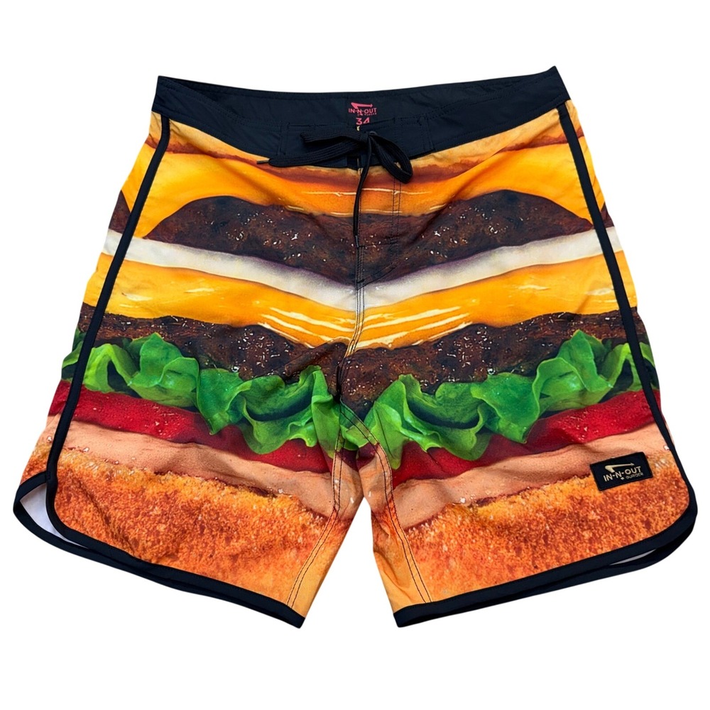 In-N-Out Burger Board Shorts Mens 35 Swim Trunks Burger Graphic Stretch Multi
